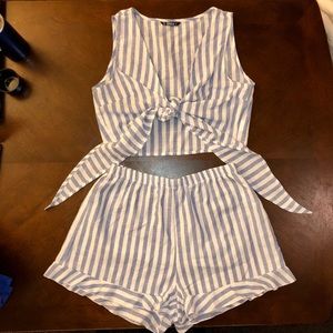 Blue and white striped short and crop top set